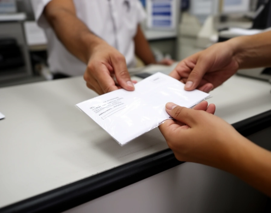 Sobre cerrado entregado en el mostrador del correo