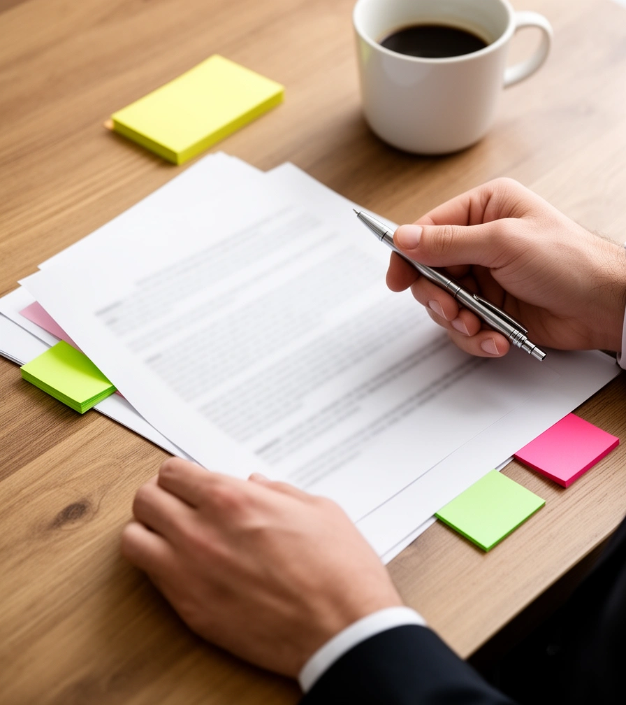 Manos revisando un contrato impreso con marcadores de colores