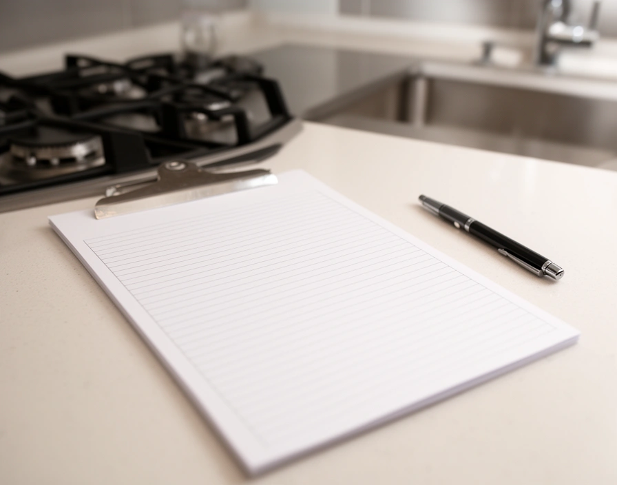 Planilla de inspección sobre la mesada de una cocina vacía